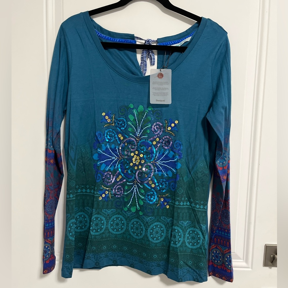 NWT - Desigual Women’s Tie Back Sequin Boho Long Sleeve Tee - Size XL